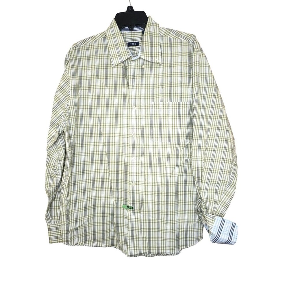 Izod Easy Care Men’s Large Long Sleeve Shirt – Yellow Blue Plaid Button Down